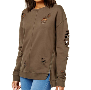 <b>Women</b> <b>Black</b> Color Distressed <b>Sweatshirts</b> Cut Out Streetwear Terry Fleece Cut Sleeves Drop Shoulder Ripped Distress <b>Sweatshirts</b> - Product Image 5