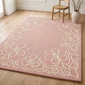 Tapis rectangulaire floral beige crème à poils moyens, antidérapant, pour salon - Product Image 3