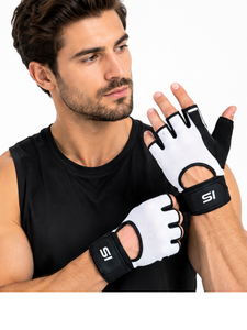 SI Men's Breathable <b>Fingerless</b> Gym <b>Gloves</b> White <b>Black</b> Athletic Fit Workout Training Sports Gear - Product Image 1