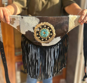 New Stylish <b>Hand</b> Stitched Cowhide Fur Leather Hip <b>Bags</b> Hip Pockets Belts Waist Pocket Belts Fringes Cow Hair <b>Black</b> Fringe Belts - Product Image 5