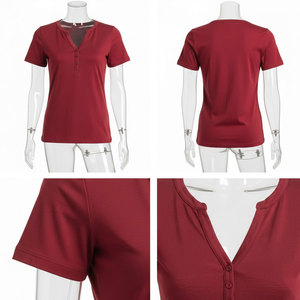 Camiseta Informal de Manga Corta con Botones para Mujer, Tejido de Algodón Suave, Corte Regular, Cuello Redondo, Ligera, para Gimnasio y Entrenamiento - Product Image 6