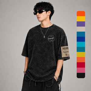 Camiseta Lisa Extra Grande 100% Algodón Lavado con Logotipo Estampado en la Parte Delantera, Estilo Urbano, Camiseta de Cuello Redondo de Manga Corta para Hombre - Product Image 1