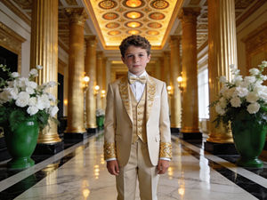 Costume de smoking rose pour garçons avec broderie dorée, ensemble de costume formel pour mariage et fête pour enfants - Product Image 5