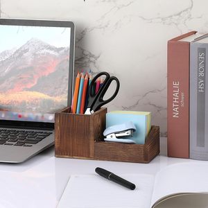 <b>Vintage</b> Wood Business Card Holder Stand for Desk with Pen Pencil Cup 2 Slots Business Card Display Holder Organizer <b>Box</b> - Product Image 3