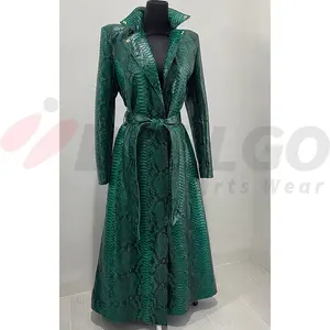 Women's Python Green Leather Jacket With Snake Print Python Embossed Leather Long Coat
