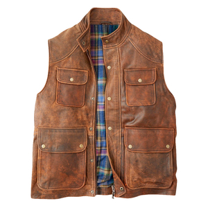 Gilet en cuir véritable marron vintage pour homme, style usé, multi-poches, veste sans manches utilitaire, gilet décontracté rétro pour l'extérieur - Product Image 3