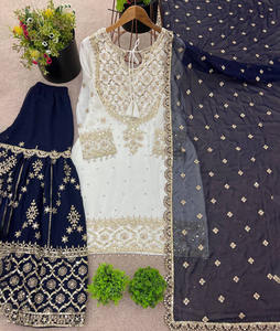 ชุดเสื้อผ้าปักลายอินเดียสำเร็จรูป ชารารา การารา เคอร์ตี ผ้าจอร์เจตต์ ชุดดีไซน์เนอร์ชาติพันธุ์ปากีสถาน ชุด 3 ชิ้น - Product Image 1