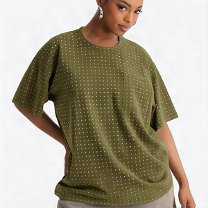Camiseta de Manga Corta con Cuello Redondo y Bolsillo de Algodón 100% con Estampado de Puntos, Talla Grande para Mujer, Venta al por Mayor de Fábrica - Product Image 3