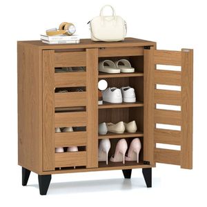 Scarpiera a 4 livelli in stile rustico con 2 ante a persiana e 3 ripiani regolabili (venatura del legno naturale) - Product Image 1