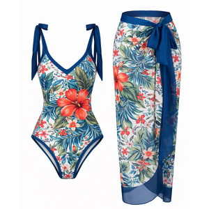Traje de baño de una pieza con estampado floral tropical para mujer, conjunto de falda pareo, traje de baño con tiras en los hombros, conjunto de 2 piezas para la playa. - Product Image 1
