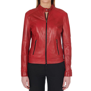 Women's Red <b>Genuine</b> Cowhide Leather Moto Jacket Stand Collar Full Sleeve Zipper Closure Autumn Style - Product Image 3
