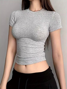 T-shirt court tendance pour femme, motif uni, grande taille, col rond, coupe ajustée, décontracté, écologique – Nouvelle collection été, offre spéciale - Product Image 1