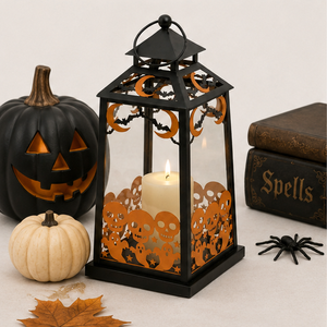 Portavelas Decorativo de Metal para Halloween, Color Negro Mate, con Diseño de Fantasma y Casa Embrujada, para Colgar o Apoyar en Mesa - Product Image 2