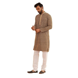 Men's Traditional Cotton Kurta With Geometric Print <b>Ankle</b>-Length Regular Fit For Casual Wear India Pakistan Style - Product Image 1