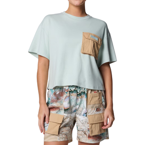 T-shirt utilitaire décontracté pour femme, couleur unie, col rond, manches courtes, coupe ample, rose poudré, haut court en coton - Product Image 6