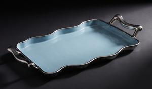 Plateau de service rectangulaire moderne en métal émaillé bleu avec poignées ondulées uniques, décoration esthétique pour la maison, centre de table, vaisselle - Product Image 4