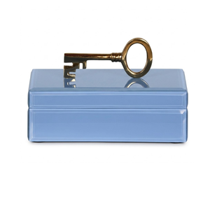 Boîte de rangement moderne de luxe en verre bleu avec décoration de clé squelette dorée |   Élégante boîte de rangement décorative pour la maison et le bureau - Product Image 1