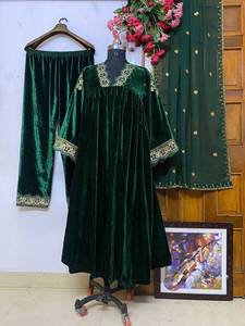 Designer Zari Embroidery Work <b>Velvet</b> <b>Top</b> With Bottom And Dupatta Fully Stitched Ready To Wear Set - Product Image 5