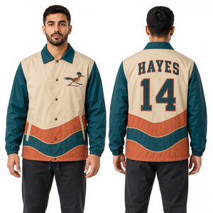 แคตตาล็อกเสื้อโค้ช Varsity สไตล์ทั่วโลก สีสันตามสั่ง โลโก้ที่อก พิมพ์ลายด้านหลัง ปักลายที่แขน ผ้า TackleTwill พิมพ์ลายสกรีน กันน้ำ - Product Image 4