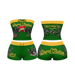 Ensemble 2 pièces short et haut sans bretelles pour femme, imprimé lettres, coupe ajustée décontractée, coton et polyester écologiques, style motard - Product Image 6