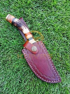 Cuchillo de Caza Damasco Hecho a Mano Personalizado con Mango de Asta de Ciervo, Cuchillo de Supervivencia de Hoja Fija para Camping con Funda de Cuero Genuino OEM - Product Image 6