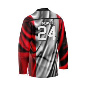Camisetas de hockey sobre hielo personalizadas OEM con impresión por sublimación, tela de malla elástica y transpirable, diseño de apliques de sarga y detalles para el juego. - Product Image 4
