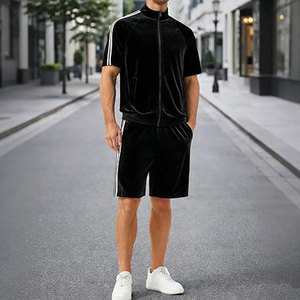 ชุดวอร์มกำมะหยี่ผู้ชายแบบสองชิ้น เสื้อแจ็คเก็ตแขนสั้นแบบซิปเต็มตัวและกางเกงขาสั้น ชุดลำลองใส่สบายสำหรับฤดูร้อน - Product Image 5