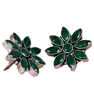 ARTS JEWELS Brass Antique <b>Silver</b> Plated Oxidized Onyx Green Flower Bezel Set Vintage Boho Engagement <b>Stud</b> Earrings-Women's - Product Image 1