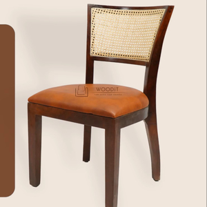 Silla de Comedor Estilo Colonial Indio con Respaldo de Mimbre Natural y Asiento Acolchado de Cuero, 4 Patas de Madera Sólida - Product Image 2