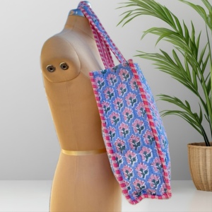 Bolso Tote Impermeable de Algodón Acolchado con Estampado de Bloques Personalizado, Estilo Vintage, Azul Leopardo, para Dama, Playa, Venta al por Mayor, Grande, Hecho a Mano - Product Image 3