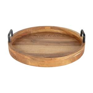 Plateau de service rond en bois de qualité supérieure, avec poignée en fer noir, décoratif, portable, écologique, idéal pour la restauration - Product Image 1