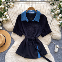 Blusas de Encaje Casuales de Verano con Cuello Peter Pan y Manga Corta para Mujer, Camisas de Encaje Sólido, Tops Casuales para Mujer, Ropa al por Mayor