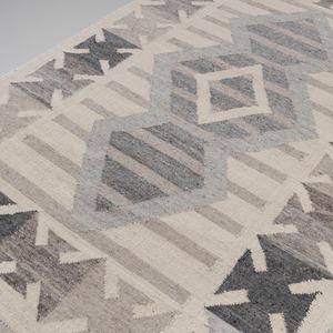 Alfombra de Lana Hecha a Mano con Patrón Geométrico Tribal en Gris y Beige, Alfombra Tejida a Mano con Flecos para Sala de Estar - Product Image 3