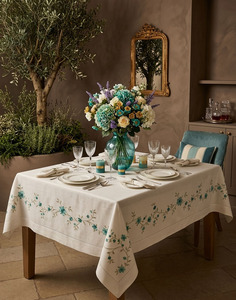 ผ้าปูโต๊ะปักลายดอกไม้สีฟ้าสวยงาม ทันสมัย สีขาว ทำจากผ้าฝ้าย ทนทาน ขนาดใหญ่ ปักขอบอย่างดี ซักได้ รับผลิตตามสั่งขายส่ง - Product Image 3