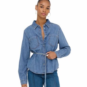 <b>Women</b> <b>Denim</b> <b>Shirt</b> <b>Long</b> Sleeve Solid Color Button Up Casual Wrap And Tie Stonewashed Cotton Autumn Style - Product Image 4
