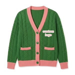 Cárdigan de Punto Rosa y Verde de Alta Calidad con Logotipo Personalizado, Cuello en V, Bordado Griego - Product Image 1