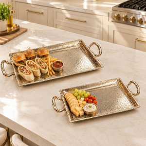 Ensemble de plateaux de service rectangulaires en aluminium finition or premium, texturés, avec poignées |   Décoration de table de luxe pour la salle à manger - Product Image 4