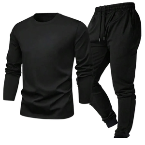 Ensemble de survêtement unisexe noir de qualité supérieure en coton 100% respirant et léger, t-shirt à manches longues et pantalon de jogging décontracté - Product Image 1