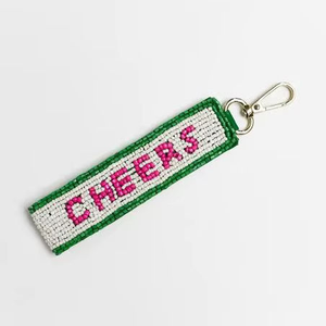 Porte-clés rectangulaire fait main PartyCheers en perles roses, blanches et vertes, broderie de perles, sangle en tissu écologique, crochet en métal argenté pour sacs - Product Image 1