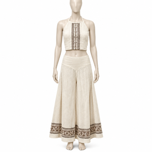 Ensemble coordonné brodé style bohème tribal |   Haut court à bretelles et pantalon large taille haute avec détails géométriques - Product Image 1