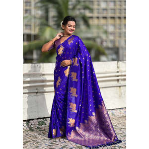 Sari de Noche Tejido de Seda Suave Violeta Elite Weaves con Doble Zari y Borde Nandi 700g - Product Image 1