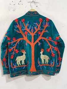 Veste en velours marron brodée à la main, motif floral en coton, col mandarin, manches chauve-souris, style Prairie Chic pour femme, printemps - Product Image 2
