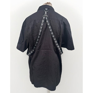 Vintage Gothic <b>Men's</b> Short Sleeve Shirt Black Cotton-Mix Fitted with Removable Skull Trim Straps and Bolt Buttons - Product Image 3