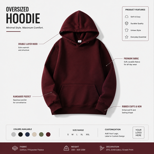 Sudadera con Capucha para Hombre, Color Borgoña Sólido, Corte Regular, 100% Algodón, Casual, Primavera, Ecológica, Transpirable, Tallas Grandes, Venta al Por Mayor - Product Image 4