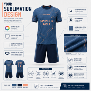 ชุดเสื้อฟุตบอลแบบซับลิเมชั่นสั่งทำพิเศษ ระบายอากาศได้ดี สีน้ำเงิน-ส้ม พิมพ์ลาย คอกลม แขนสั้น ผ้าตาข่าย ซับเหงื่อ โพลีเอสเตอร์ สำหรับผู้ใหญ่ - Product Image 5