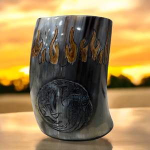 FAIZA CRAFT Chope à boire artisanale en corne de buffle, style viking africain moderne, gravée, pour bière, hydromel, bière artisanale - Compatible lave-vaisselle, faible hauteur - Product Image 3