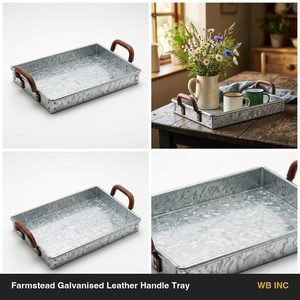Plateau de service artisanal en fer galvanisé de 38 cm avec poignées en cuir brut, plateau décoratif style ferme avec poignée en cuir pour la décoration intérieure - Product Image 6