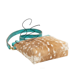Turquoise Leather Crossbody <b>Bag</b> with Real Fur Zipper Closure Boho Fashion Tooled Strap Daily Use Purse <b>Mini</b> Shoulder <b>Bag</b> - Product Image 2