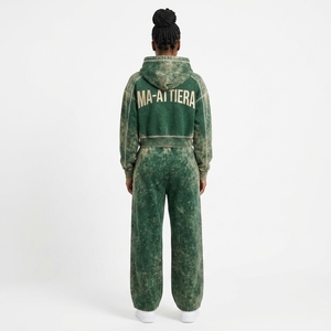 Ensemble survêtement streetwear personnalisé pour femme, comprenant un sweat à capuche court et un pantalon de jogging, en molleton de coton vert délavé, OEM, vente en gros - Product Image 2