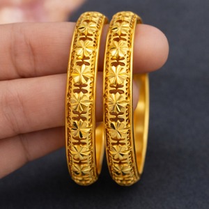 Trendy Floral Carved Gold Plated <b>Bangle</b> <b>Bracelet</b> Pair Fine Detailing Jewelry for Women Stylish Daily and Party Wear - Product Image 1